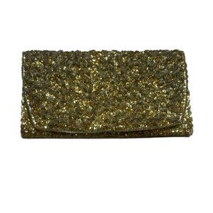50s 60s Vintage La Regale Gold Beaded Sequin Satin Clutch